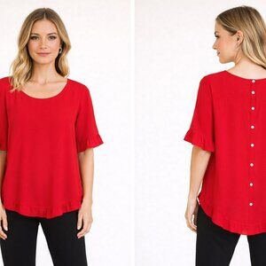 Red High Low Ruffle Blouse Tunic Large | Keyhole Back Buttons Short Sleeve NWOT